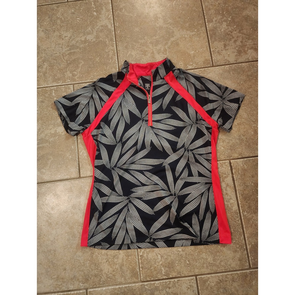 Tail Activewear Womens Golf Polo Shirt Medium Black Coral Pink Palm Leaf Print